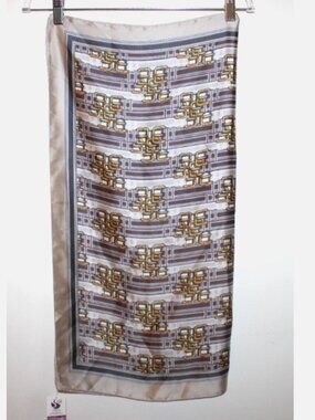 Silk Scarf Gray Gold Chain Print Shanghai Silk Museum Elegant NWT 28 x 28 Inch